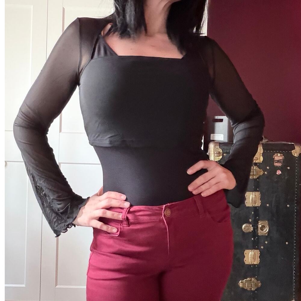 black crop shirt with mesh bell sleeves